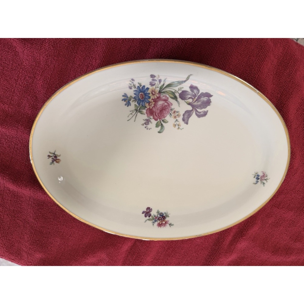 Tirschenreuth Bavaria Floral Porcelain Oval Platter Rose Iris Gold Rim 1908-1927